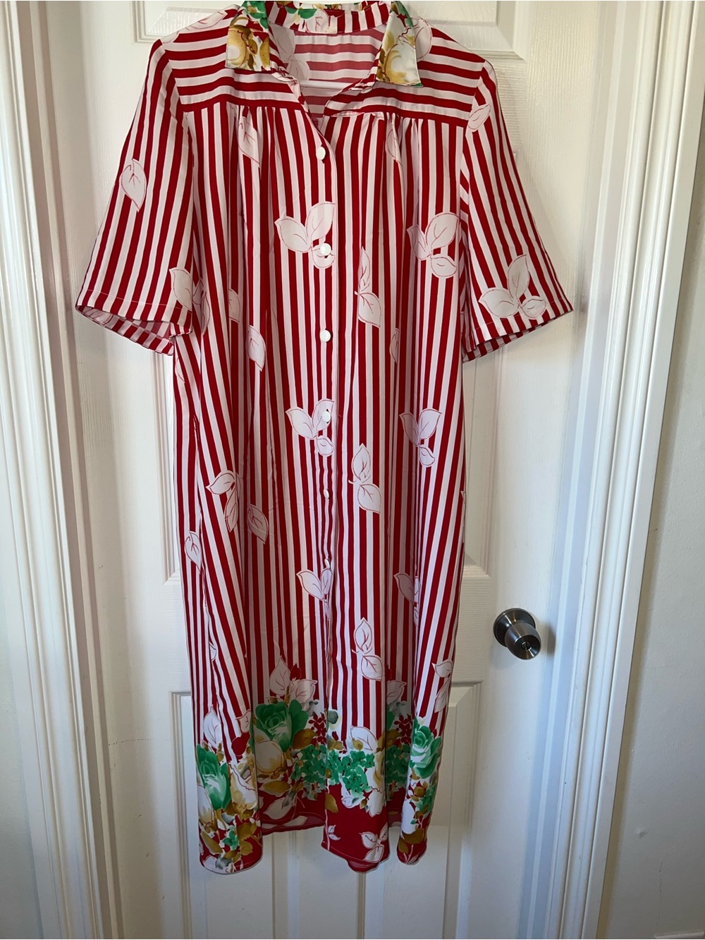 Vintage Red & White Striped button front robe/ house dress with Floral Trim